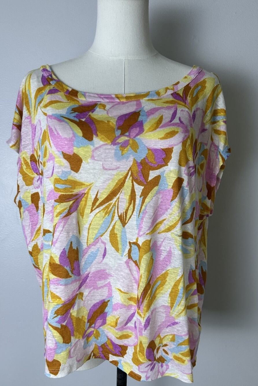 Joie Floral 100% Linen Semi Cropped Tee 21” M Boho Watercolor Pastel Cap Sleeve